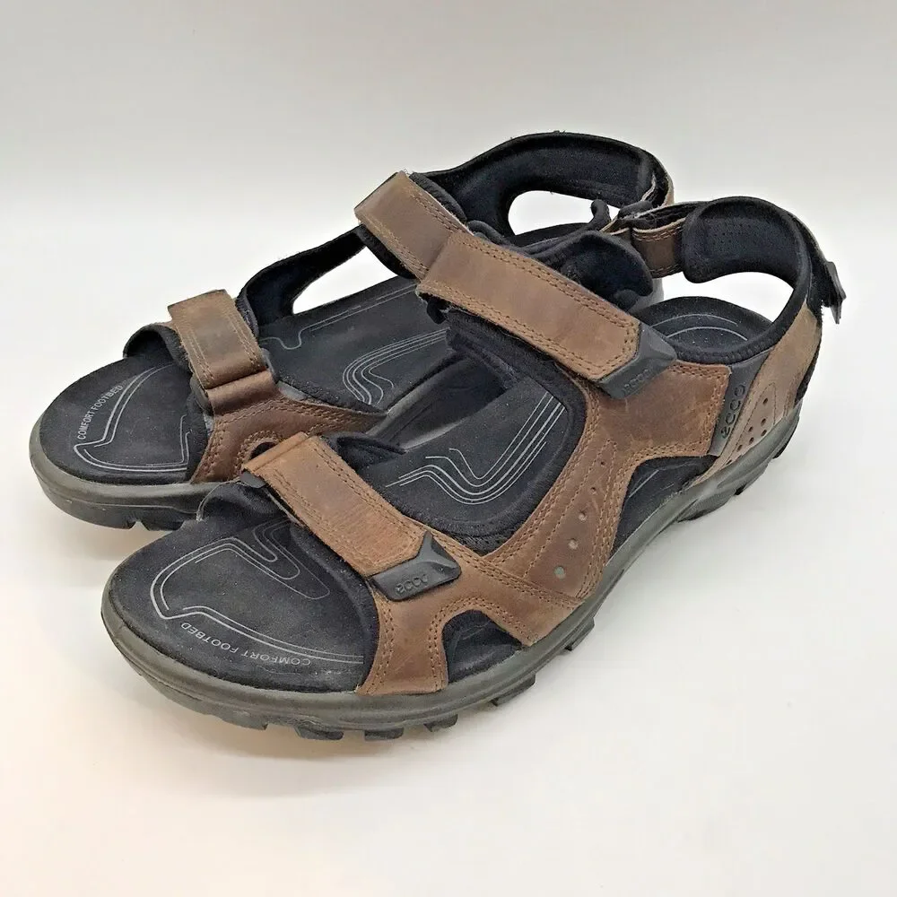 ECCO Receptor Technology Sports Sandals Men's 12 EU 45 Brown Leather Hook & Loop